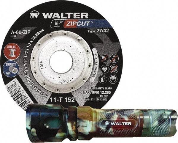 WALTER Surface Technologies - 60 Grit, 4-1/2" Wheel Diam, 3/64" Wheel Thickness, 7/8" Arbor Hole, Type 27 Depressed Center Wheel - Coarse Grade, Aluminum Oxide, Resinoid Bond, 13,300 Max RPM, Compatible with Angle Grinder - Caliber Tooling