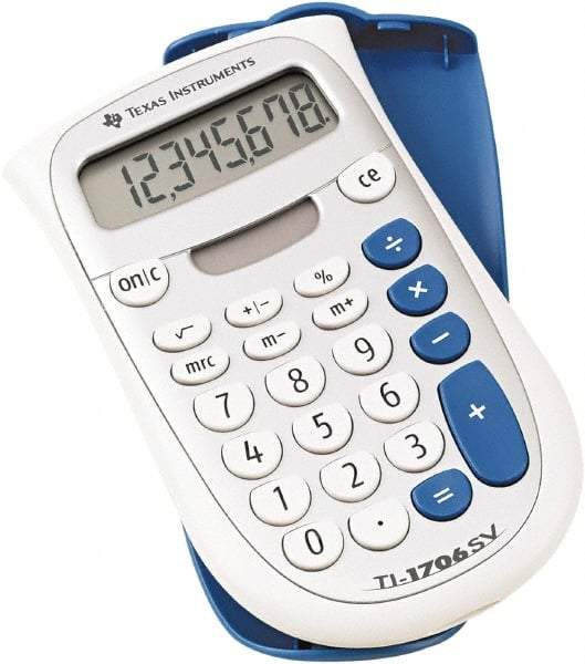 Texas Instruments - LCD Handheld Calculator - 3 x 5 Display Size, White & Blue, Battery & Solar Powered, 1" Long x 4.6" Wide - Caliber Tooling