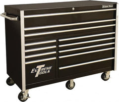 EXTREME TOOLS - 12 Drawer Steel/Aluminum Tool Roller Cabinet - 55" Wide x 46" High x 25" Deep, Ball Bearing Drawer Slides, Black - Caliber Tooling