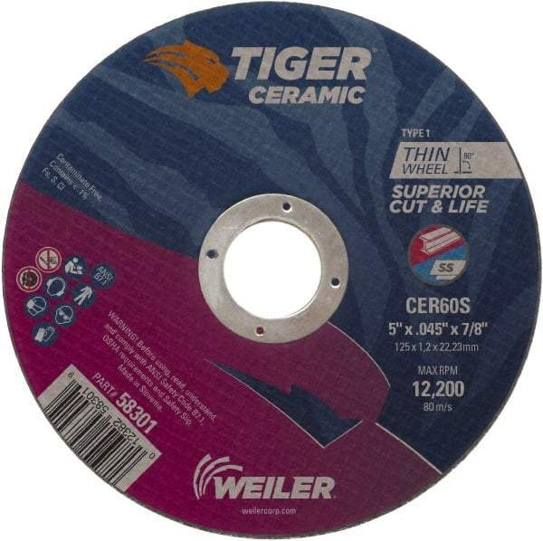 Weiler - 5" 60 Grit Ceramic Cutoff Wheel - 0.045" Thick, 7/8" Arbor, 12,200 Max RPM, Use with Angle Grinders - Caliber Tooling