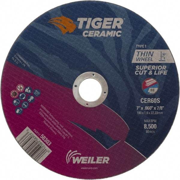 Weiler - 7" 60 Grit Ceramic Cutoff Wheel - 0.06" Thick, 7/8" Arbor, 8,500 Max RPM, Use with Angle Grinders - Caliber Tooling