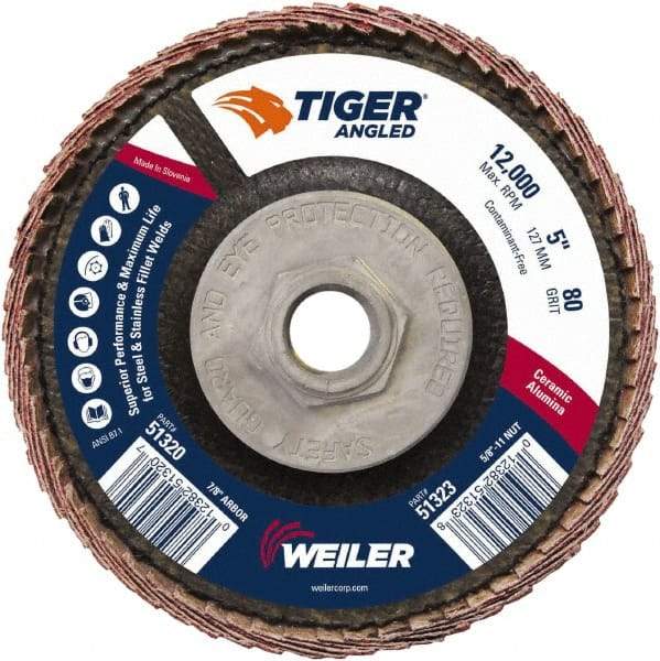 Weiler - 80 Grit, 5" Disc Diam, 5/8-11 Center Hole, Type 27 Ceramic Alumina Flap Disc - 12,000 Max RPM, Phenolic Backing, Arbor Attaching System, Coated - Caliber Tooling