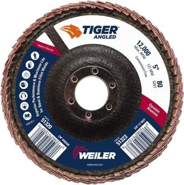 Weiler - 80 Grit, 5" Disc Diam, 7/8" Center Hole, Type 27 Ceramic Alumina Flap Disc - 12,000 Max RPM, Phenolic Backing, Arbor Attaching System, Coated - Caliber Tooling