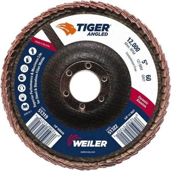 Weiler - 60 Grit, 5" Disc Diam, 7/8" Center Hole, Type 27 Ceramic Alumina Flap Disc - 12,000 Max RPM, Phenolic Backing, Quick Change Type S Attaching System, Coated - Caliber Tooling