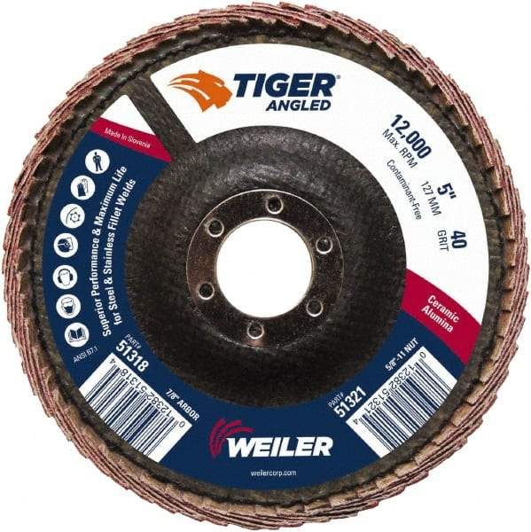 Weiler - 40 Grit, 5" Disc Diam, 7/8" Center Hole, Type 27 Ceramic Alumina Flap Disc - 12,000 Max RPM, Phenolic Backing, Arbor Attaching System, Coated - Caliber Tooling