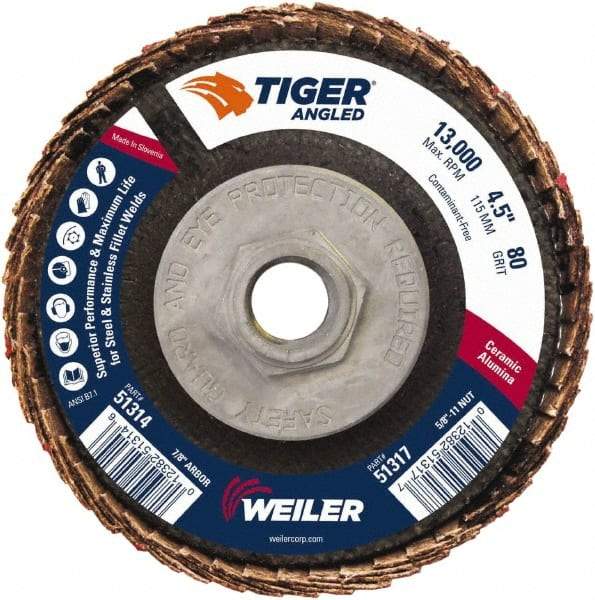 Weiler - 80 Grit, 4-1/2" Disc Diam, 5/8-11 Center Hole, Type 27 Ceramic Alumina Flap Disc - 13,000 Max RPM, Phenolic Backing, Arbor Attaching System, Coated - Caliber Tooling