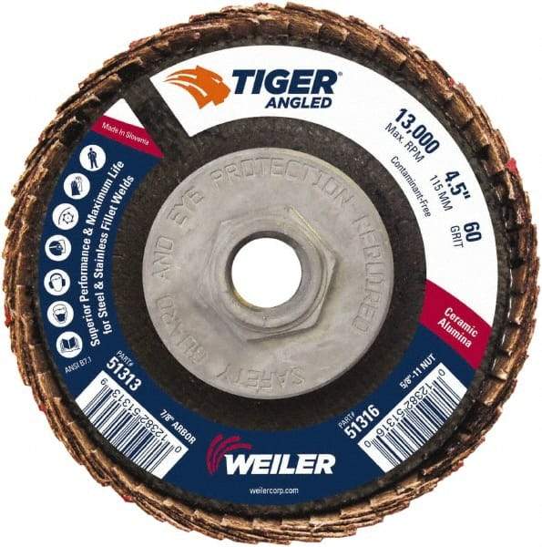 Weiler - 60 Grit, 4-1/2" Disc Diam, 5/8-11 Center Hole, Type 27 Ceramic Alumina Flap Disc - 13,000 Max RPM, Phenolic Backing, Arbor Attaching System, Coated - Caliber Tooling