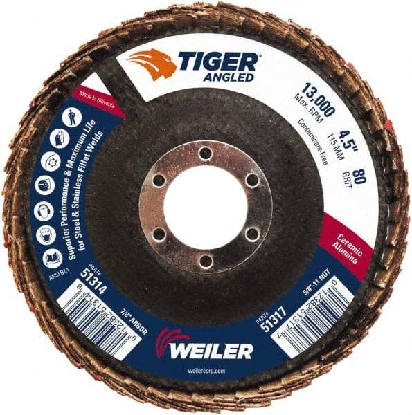 Weiler - 80 Grit, 4-1/2" Disc Diam, 7/8" Center Hole, Type 27 Ceramic Alumina Flap Disc - 13,000 Max RPM, Phenolic Backing, Arbor Attaching System, Coated - Caliber Tooling