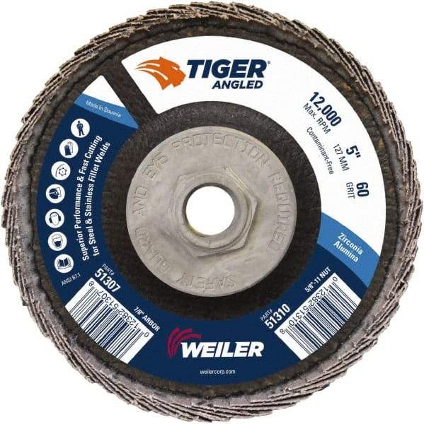 Weiler - 60 Grit, 5" Disc Diam, 5/8-11 Center Hole, Type 27 Zirconia Alumina Flap Disc - 12,000 Max RPM, Phenolic Backing, Arbor Attaching System, Coated - Caliber Tooling