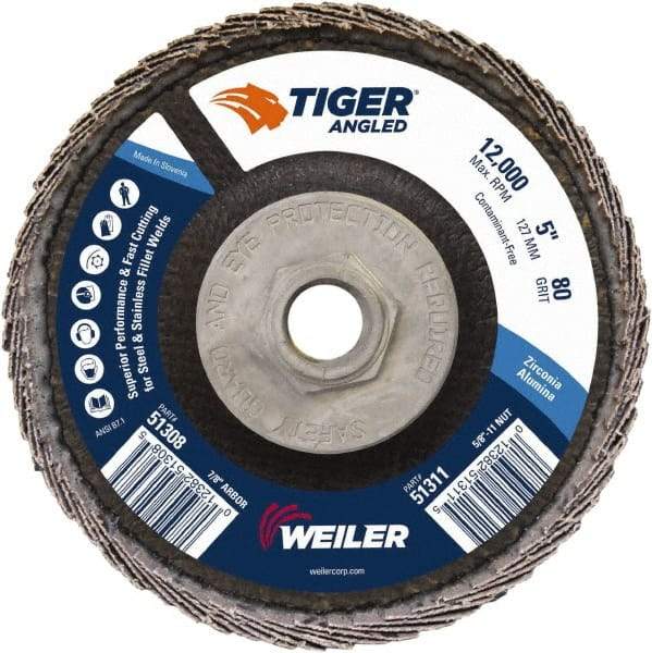 Weiler - 80 Grit, 5" Disc Diam, 5/8-11 Center Hole, Type 27 Zirconia Alumina Flap Disc - 12,000 Max RPM, Phenolic Backing, Arbor Attaching System, Coated - Caliber Tooling