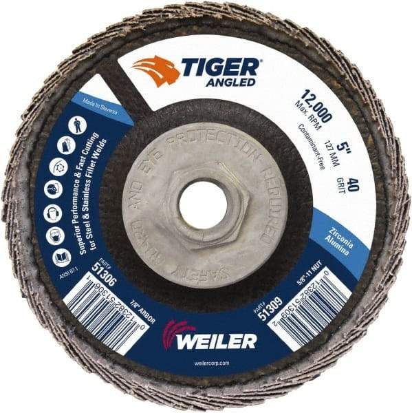 Weiler - 40 Grit, 5" Disc Diam, 5/8-11 Center Hole, Type 27 Zirconia Alumina Flap Disc - 12,000 Max RPM, Phenolic Backing, Arbor Attaching System, Coated - Caliber Tooling