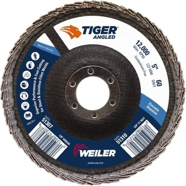 Weiler - 60 Grit, 5" Disc Diam, 7/8" Center Hole, Type 27 Zirconia Alumina Flap Disc - 12,000 Max RPM, Phenolic Backing, Quick Change Type S Attaching System, Coated - Caliber Tooling