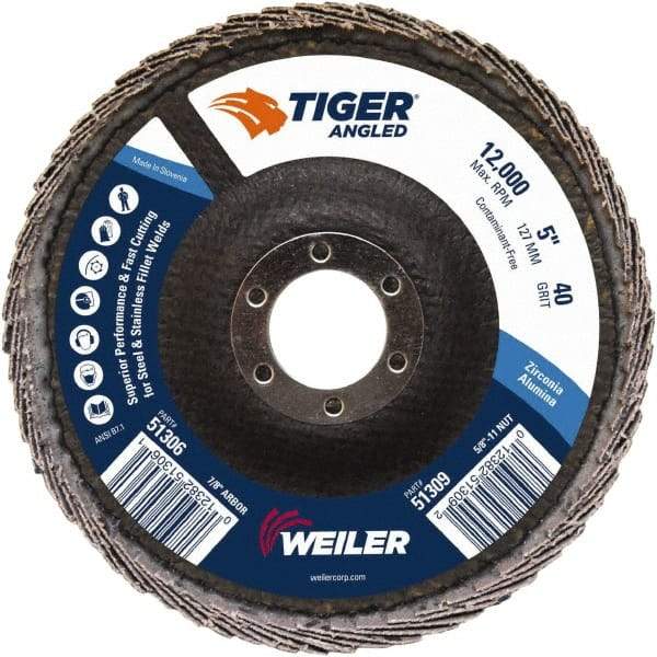 Weiler - 40 Grit, 5" Disc Diam, 7/8" Center Hole, Type 27 Zirconia Alumina Flap Disc - 12,000 Max RPM, Phenolic Backing, Arbor Attaching System, Coated - Caliber Tooling