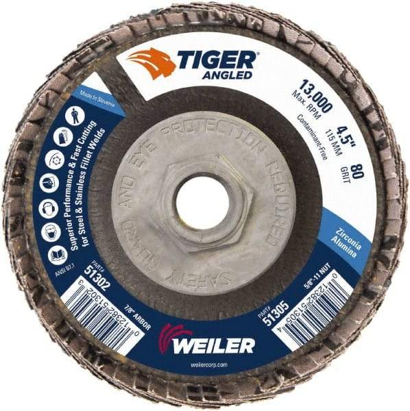 Weiler - 80 Grit, 4-1/2" Disc Diam, 5/8-11 Center Hole, Type 27 Zirconia Alumina Flap Disc - 13,000 Max RPM, Phenolic Backing, Arbor Attaching System, Coated - Caliber Tooling