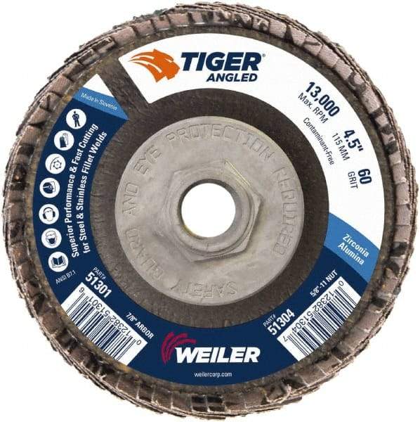 Weiler - 60 Grit, 4-1/2" Disc Diam, 5/8-11 Center Hole, Type 27 Zirconia Alumina Flap Disc - 13,000 Max RPM, Phenolic Backing, Arbor Attaching System, Coated - Caliber Tooling