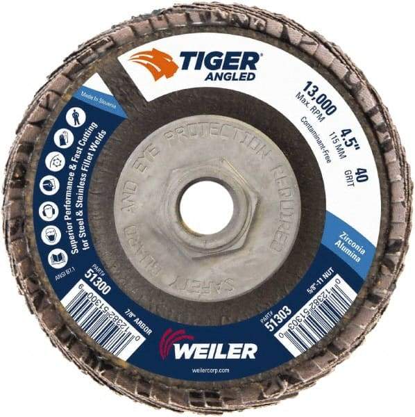 Weiler - 40 Grit, 4-1/2" Disc Diam, 5/8-11 Center Hole, Type 27 Zirconia Alumina Flap Disc - 13,000 Max RPM, Phenolic Backing, Arbor Attaching System, Coated - Caliber Tooling