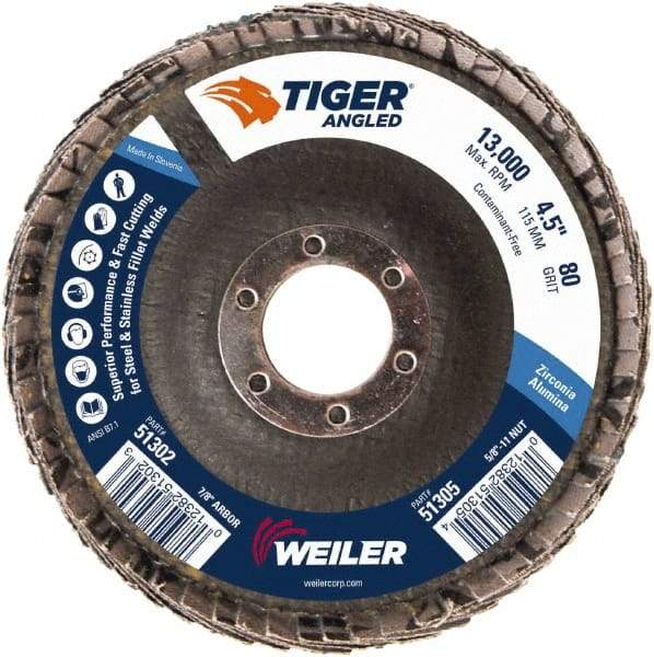 Weiler - 80 Grit, 4-1/2" Disc Diam, 7/8" Center Hole, Type 27 Zirconia Alumina Flap Disc - 13,000 Max RPM, Phenolic Backing, Arbor Attaching System, Coated - Caliber Tooling