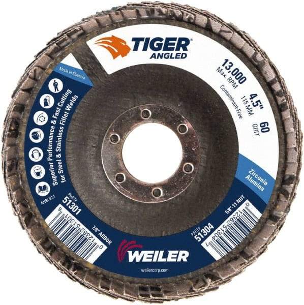 Weiler - 60 Grit, 4-1/2" Disc Diam, 7/8" Center Hole, Type 27 Zirconia Alumina Flap Disc - 13,000 Max RPM, Phenolic Backing, Arbor Attaching System, Coated - Caliber Tooling