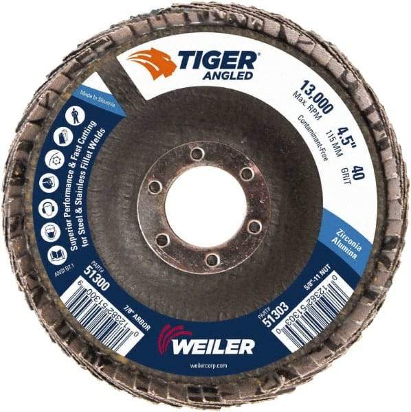 Weiler - 40 Grit, 4-1/2" Disc Diam, 7/8" Center Hole, Type 27 Zirconia Alumina Flap Disc - 13,000 Max RPM, Phenolic Backing, Arbor Attaching System, Coated - Caliber Tooling