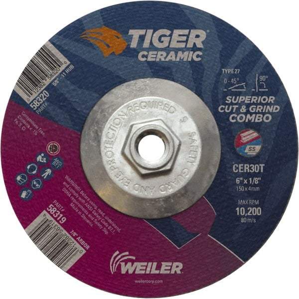 Weiler - 30 Grit, 6" Wheel Diam, Type 27 Depressed Center Wheel - Hard Grade, Ceramic, T Hardness, 10,200 Max RPM - Caliber Tooling