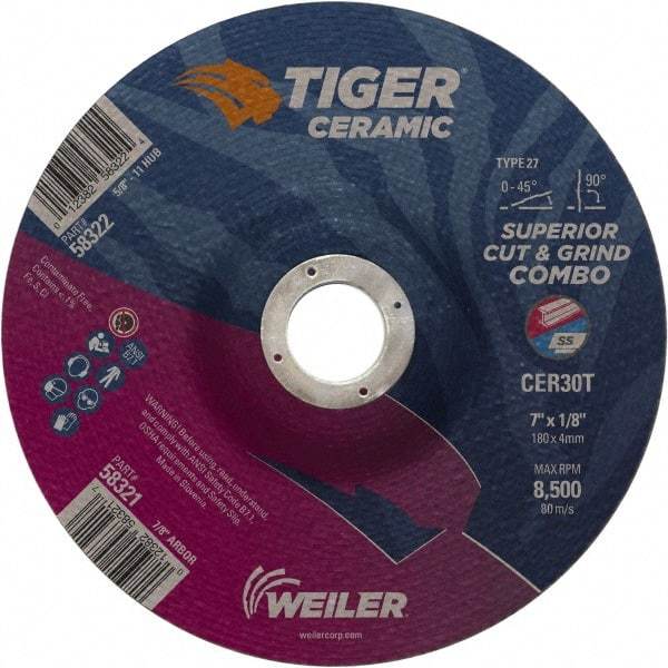 Weiler - 30 Grit, 7" Wheel Diam, 7/8" Arbor Hole, Type 27 Depressed Center Wheel - Hard Grade, Ceramic, T Hardness, 8,500 Max RPM - Caliber Tooling