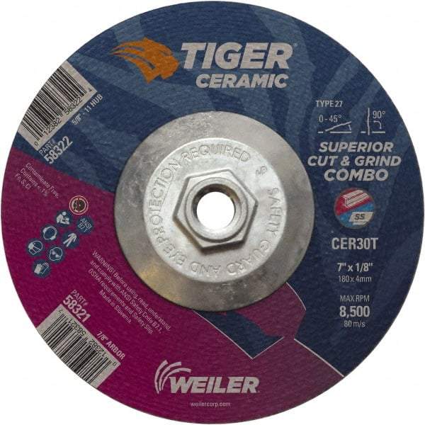 Weiler - 30 Grit, 7" Wheel Diam, Type 27 Depressed Center Wheel - Hard Grade, Ceramic, T Hardness, 8,500 Max RPM - Caliber Tooling