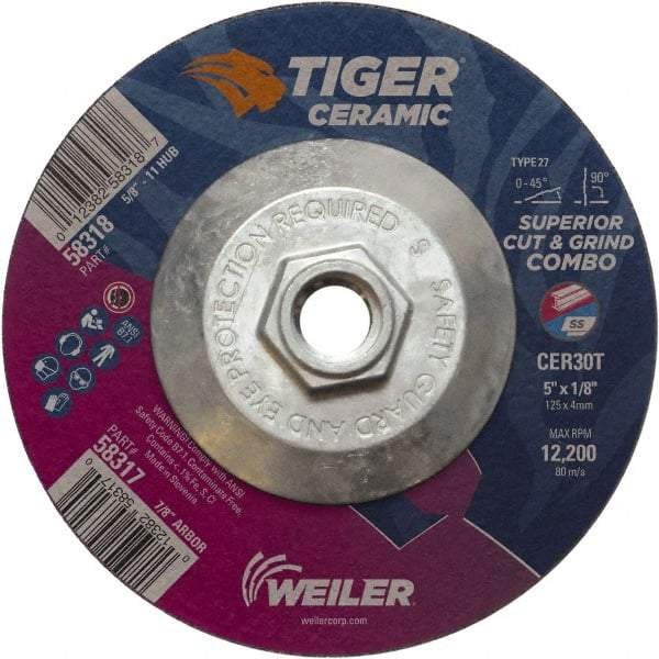 Weiler - 30 Grit, 5" Wheel Diam, Type 27 Depressed Center Wheel - Hard Grade, Ceramic, T Hardness, 12,200 Max RPM - Caliber Tooling