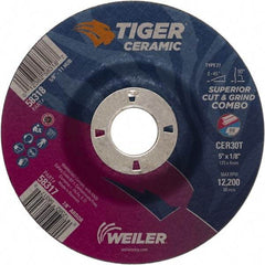 Weiler - 30 Grit, 5" Wheel Diam, 7/8" Arbor Hole, Type 27 Depressed Center Wheel - Hard Grade, Ceramic, T Hardness, 12,200 Max RPM - Caliber Tooling