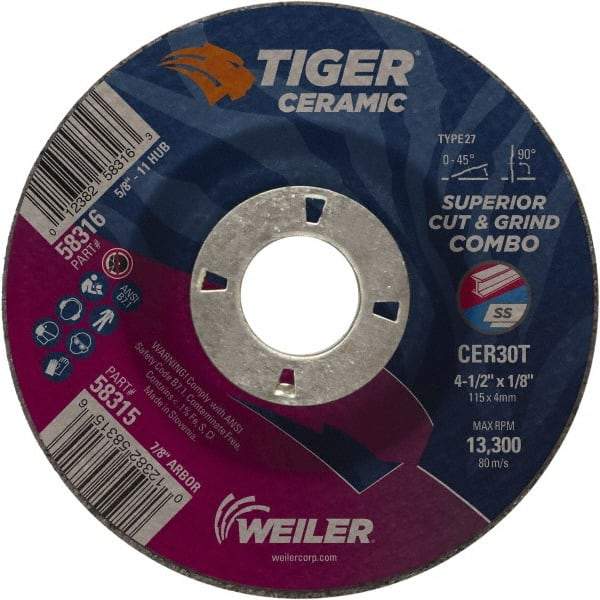 Weiler - 30 Grit, 4-1/2" Wheel Diam, 7/8" Arbor Hole, Type 27 Depressed Center Wheel - Hard Grade, Ceramic, T Hardness, 13,300 Max RPM - Caliber Tooling