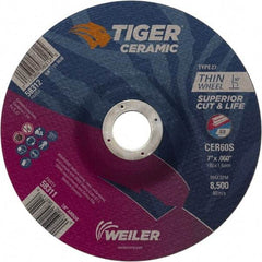 Weiler - 60 Grit, 7" Wheel Diam, 7/8" Arbor Hole, Type 27 Depressed Center Wheel - Medium Grade, Ceramic, S Hardness, 8,500 Max RPM - Caliber Tooling