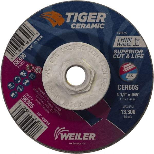 Weiler - 60 Grit, 4-1/2" Wheel Diam, Type 27 Depressed Center Wheel - Medium Grade, Ceramic, S Hardness, 13,300 Max RPM - Caliber Tooling