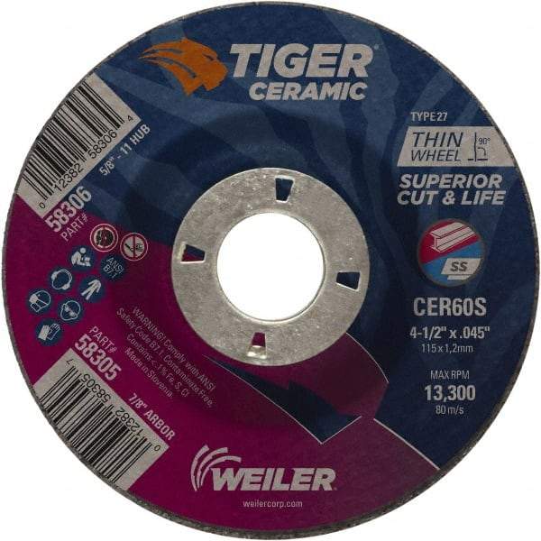 Weiler - 60 Grit, 4-1/2" Wheel Diam, 7/8" Arbor Hole, Type 27 Depressed Center Wheel - Medium Grade, Ceramic, S Hardness, 13,300 Max RPM - Caliber Tooling