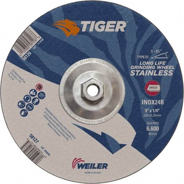 Weiler - 24 Grit, 9" Wheel Diam, Type 27 Depressed Center Wheel - Medium Grade, Aluminum Oxide, R Hardness, 6,600 Max RPM - Caliber Tooling