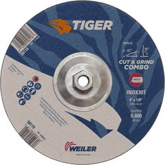 Weiler - 30 Grit, 9" Wheel Diam, Type 27 Depressed Center Wheel - Hard Grade, Aluminum Oxide, T Hardness, 6,600 Max RPM - Caliber Tooling