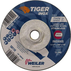 Weiler - 60 Grit, 4-1/2" Wheel Diam, Type 27 Depressed Center Wheel - Medium Grade, Aluminum Oxide, S Hardness, 13,300 Max RPM - Caliber Tooling