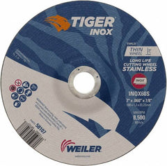 Weiler - 60 Grit, 7" Wheel Diam, 7/8" Arbor Hole, Type 27 Depressed Center Wheel - Medium Grade, Aluminum Oxide, S Hardness, 8,500 Max RPM - Caliber Tooling