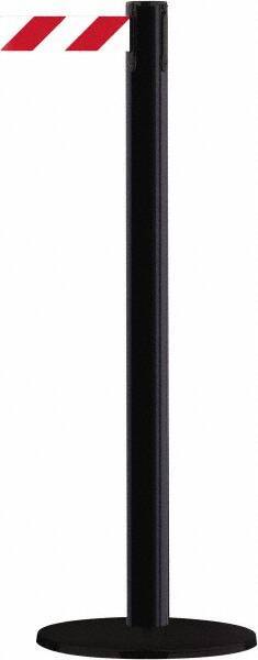 Tensator - 38" High, 2-1/2" Pole Diam, Barricade Tape Dispenser - 14" Base Diam, Round Stainless Steel Base, Black Steel Post, 13' x 1-7/8" Tape, Single Line Tape, For Outdoor Use - Caliber Tooling