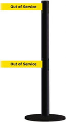 Tensator - 38" High, 2-1/2" Pole Diam, Barricade Tape Dispenser - 14" Base Diam, Round Plastic Base, Black Steel Post, 13' x 1-7/8" Tape, Dual Line Tape, For Outdoor Use - Caliber Tooling