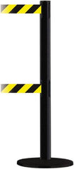 Tensator - 38" High, 2-1/2" Pole Diam, Barricade Tape Dispenser - 14" Base Diam, Round Plastic Base, Black Steel Post, 13' x 1-7/8" Tape, Dual Line Tape, For Outdoor Use - Caliber Tooling