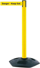 Tensator - 38" High, 2-1/2" Pole Diam, Barricade Tape Dispenser - 14" Base Diam, Round Rubber Base, Yellow Polymer Post, 7-1/2' x 1-7/8" Tape, Single Line Tape, For Outdoor Use - Caliber Tooling