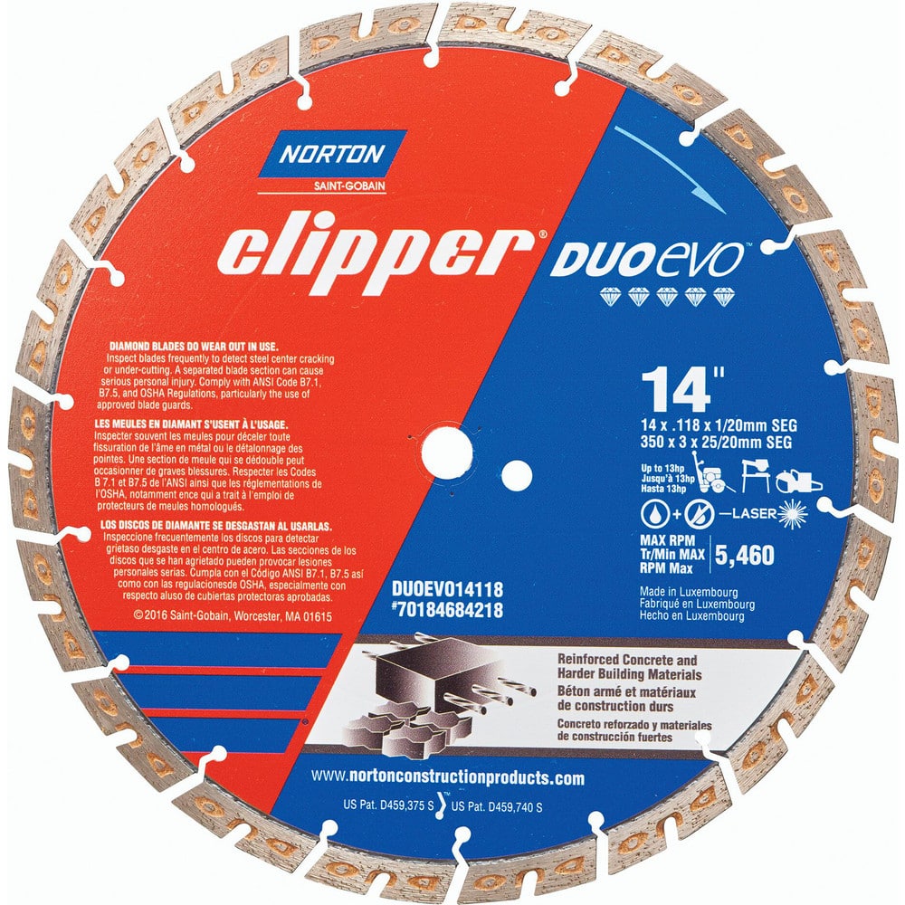 Wet & Dry Cut Saw Blade: 14″ Dia, 1″ Arbor Hole, 0.118″ Kerf Width, 18 Teeth High Speed Steel Teeth, Use on Concrete, Standard Arbor