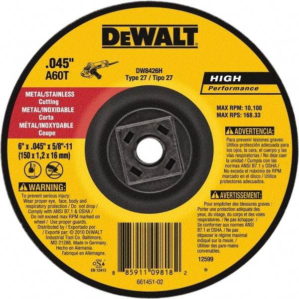 DeWALT - 60 Grit, 6" Wheel Diam, Type 27 Depressed Center Wheel - Aluminum Oxide, Resinoid Bond, 10,100 Max RPM - Caliber Tooling