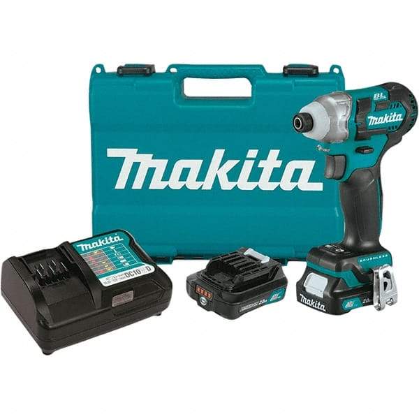 Makita - 12 Volt, 1/4" Drive, 100 Ft/Lb Torque, Cordless Impact Driver - Pistol Grip Handle, 3000 RPM, 2 Lithium-Ion Batteries Included - Caliber Tooling