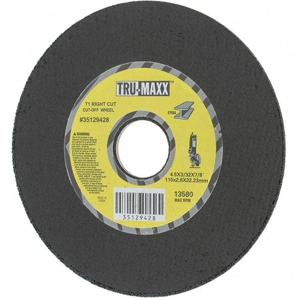 Tru-Maxx - 4-1/2" Aluminum Oxide Cutoff Wheel - 0.0938" Thick, 7/8" Arbor, Use with Portable Tools - Caliber Tooling