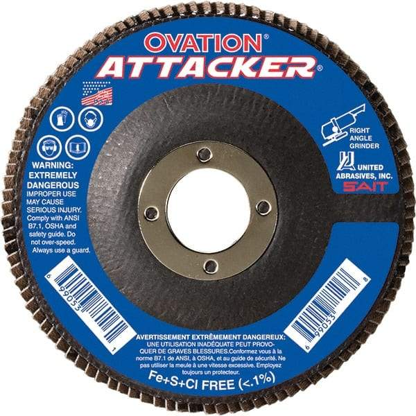 Sait - 60 Grit, 5" Disc Diam, 7/8" Center Hole, Type 27 Zirconia Alumina Flap Disc - 12,200 Max RPM, Fiberglass Backing, Arbor Attaching System, Coated - Caliber Tooling