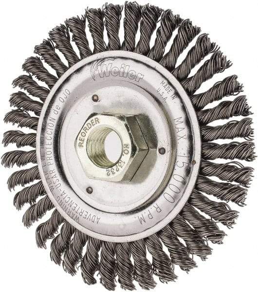 Weiler - 4-1/2" OD, 5/8" Arbor Hole, Knotted Steel Wheel Brush - 3/16" Face Width, 7/8" Trim Length, 0.02" Filament Diam, 12,500 RPM - Caliber Tooling