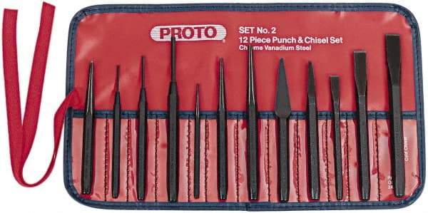 Proto - 12 Piece Punch & Chisel Set - 3/16 to 1/2" Chisel, 3/32 to 3/8" Punch, Hex Shank - Caliber Tooling