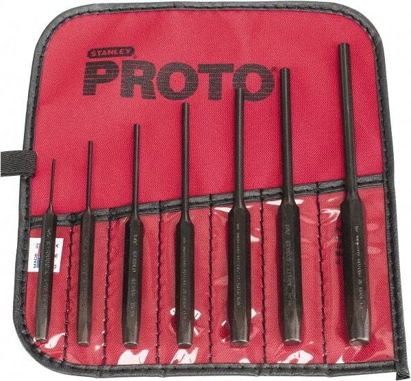 Proto - 7 Piece, 1/16 to 1/4", Pin Punch Set - Hex Shank, Steel, Comes in Tool Roll - Caliber Tooling