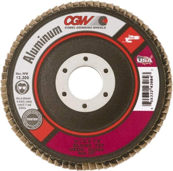 Camel Grinding Wheels - 36 Grit, 5" Disc Diam, 5/8-11 Center Hole, Type 29 Aluminum Oxide Flap Disc - 12,200 Max RPM, Polyester Backing, Arbor Attaching System, Coated - Caliber Tooling