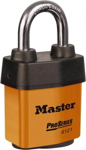 Master Lock - 1-1/8" Shackle Clearance, Keyed Different Padlock - 5/16" Shackle Diam, Laminated Steel - Caliber Tooling